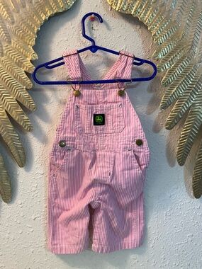 John Deere pink striped bib overalls shirt and fleece vest 6/9 months